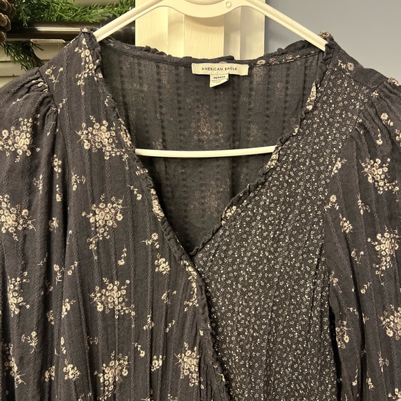 American Eagle Outfitters  medium Black Faux Wrap Dress Long Sleeves V Neck - Picture 2 of 7